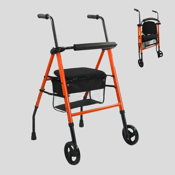 Premium Rollator | 2 Räder | Faltbar und höhenverstellbar | Sitz und Korb | Stahl| Orange | Nerón | Mobiclinic