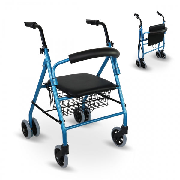 Klappbarer Rollator | Sitz und Rückenlehne | Aluminium | Korb | Für ältere Menschen | Blau | Modell: Prado | Mobiclinic