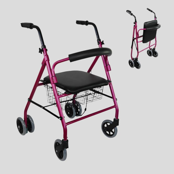 Klappbarer Rollator | inkl. Sitz und Rückenlehne | Aluminium | Korb | für Senioren | Rosa | Modell: Prado | Mobiclinic