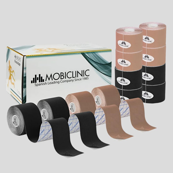 2er Pack Kinesio Tape | Schwarz und Beige | Neuromuskuläre Bandage | 5mx5cm | Modell: Mobitape | Mobiclinic