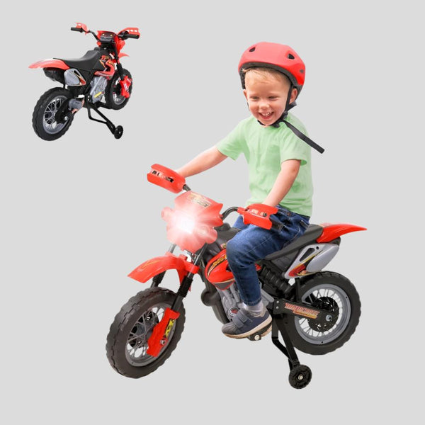 Kinder-Elektromotorrad| Soundtasten | Vorwärtstaste | Licht | Stützräder | Batterie | MobiCross | Mobiclinic