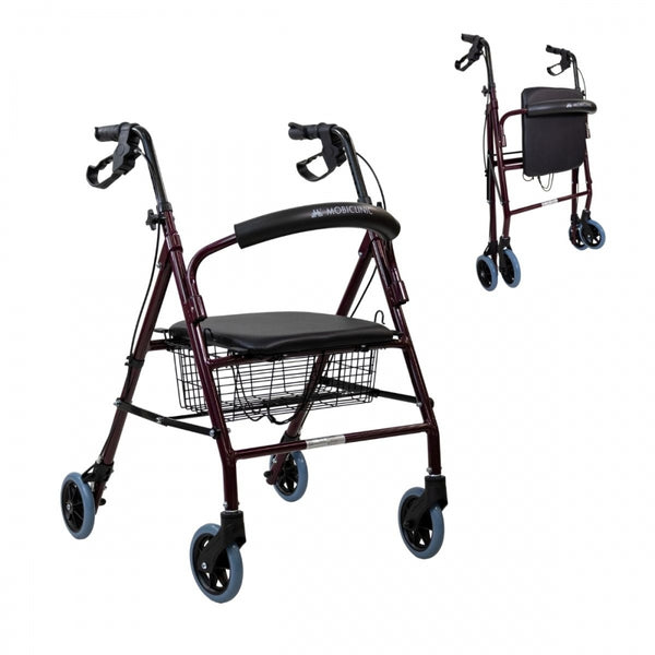 Rollator | Faltbar | Aluminium | Bremsen an den Griffen | Sitz und Rückenlehne | 4 Räder | Bordeaux | Escorial | Mobiclinic