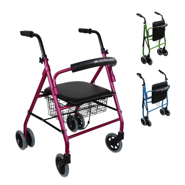 Andador plegable | Asiento y respaldo | Aluminio | Cesta | Para ancianos | Rosa | Prado | Mobiclinic