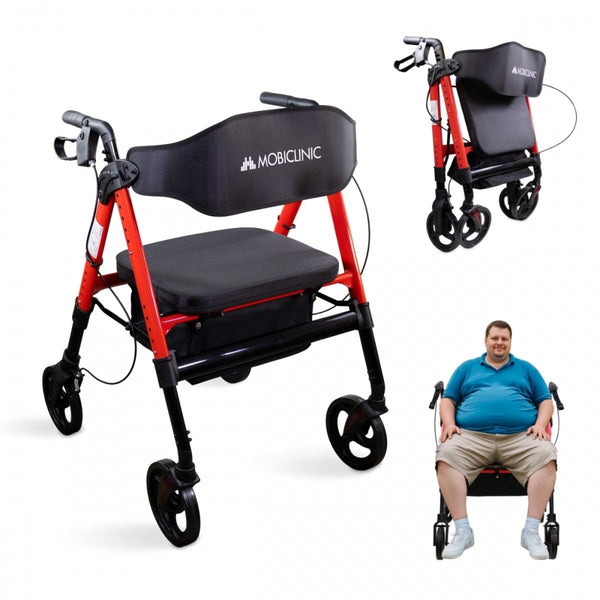 Andador bariátrico | Plegable | Hasta 204 kg | Aluminio reforzado | Frenos | Ruedas 360º | Cesta | Madeira | Mobiclinic