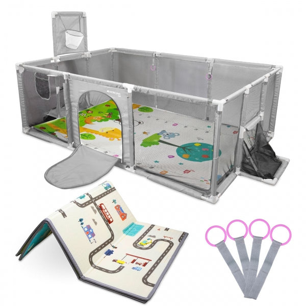 Kinderspielplatz | Teppich | 128x233cm | Ringe | Fußballkorb und Netz | Tragetasche | Kidland | Mobiclinic